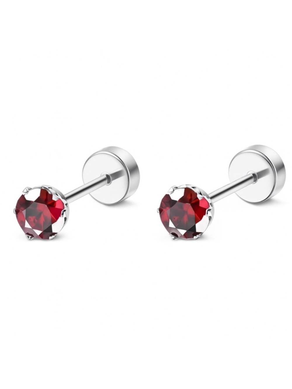 Red CZ Stud Earrings - Stainless Steel Flat Screw Back Studs